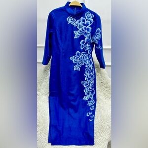 Elegant Blue Embroidered Floral Cheongsam Qipao Dress